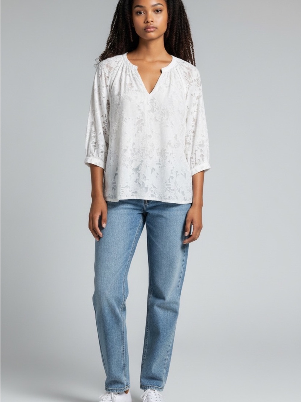 Rebecca Taylor White Floral Lace Split-Neck Blouse Silk Cotton Blend
